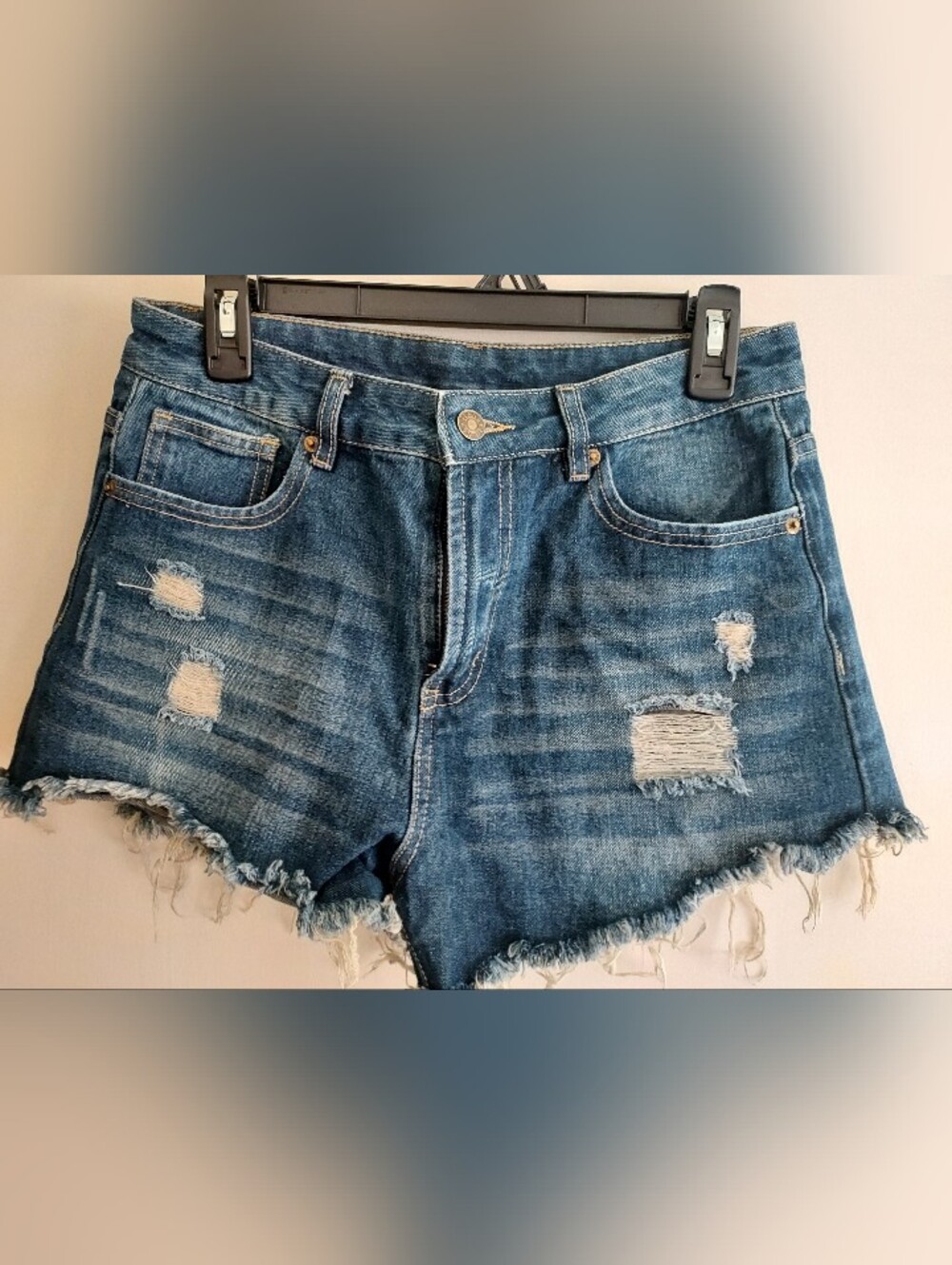 High-Rise Distressed Blue Denim Jean Shorts. Never Been Worn